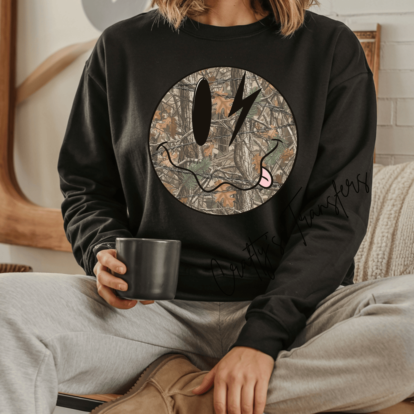 Camo Smiley Face DTF Transfer | Hunting Lightning Bolt Graphic | Funny Country Sweatshirt Transfer