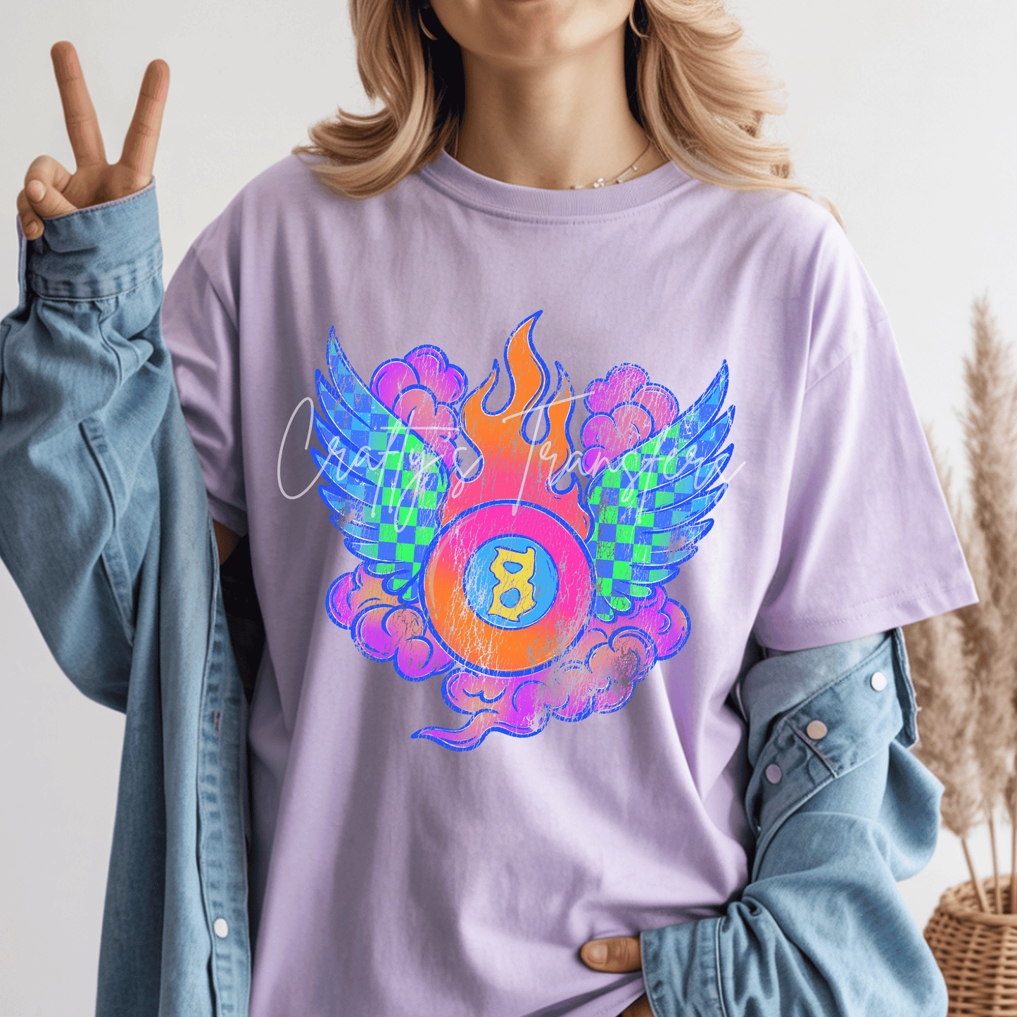 Retro 8 Ball DTF Transfer | Neon Bowling Ball Wings Graphic | Colorful Bowling Shirt Transfer