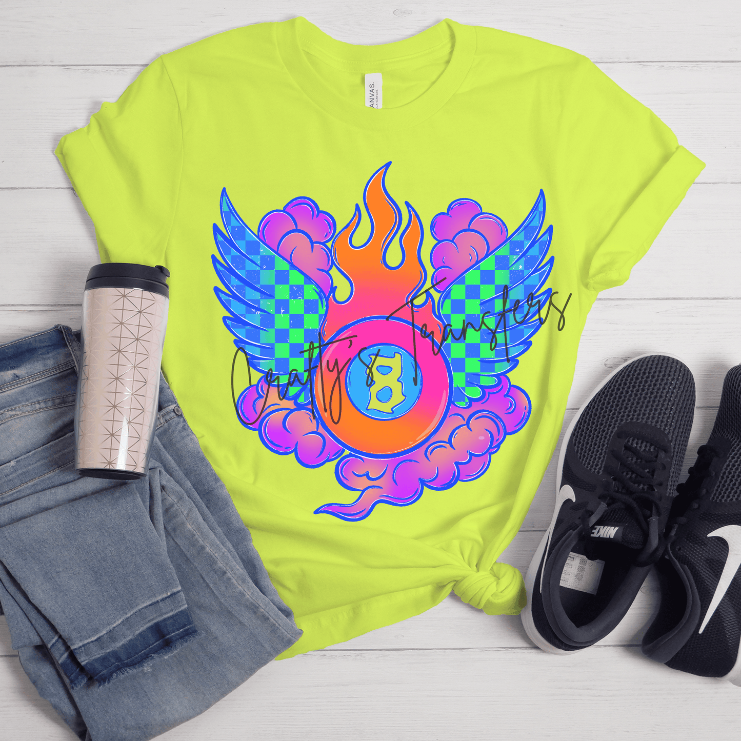 Retro 8 Ball DTF Transfer | Neon Bowling Ball Wings Graphic | Colorful Bowling Shirt Transfer