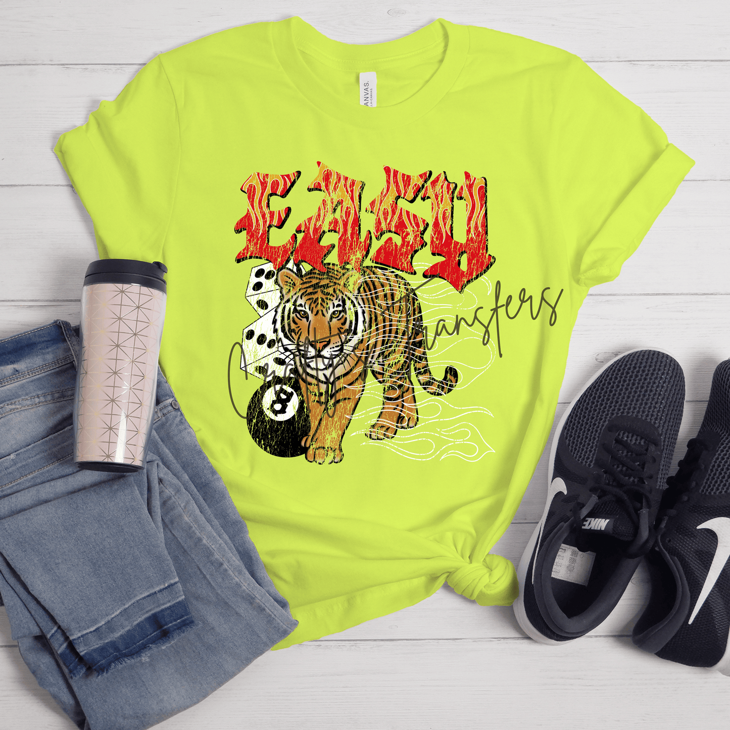 Easy Tiger DTF Transfer | Retro Flame Tiger Graphic Transfer | Edgy Y2K Streetwear Shirt Design