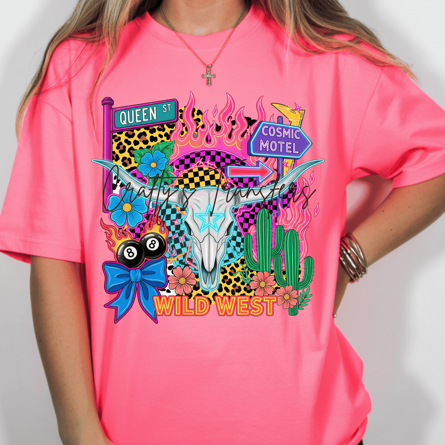 Wild West Neon Cow Skull DTF Transfer | Retro Western Cowgirl Graphic | Colorful Boutique Shirt Transfer