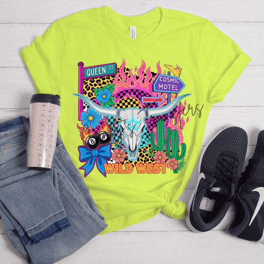 Wild West Neon Cow Skull DTF Transfer | Retro Western Cowgirl Graphic | Colorful Boutique Shirt Transfer