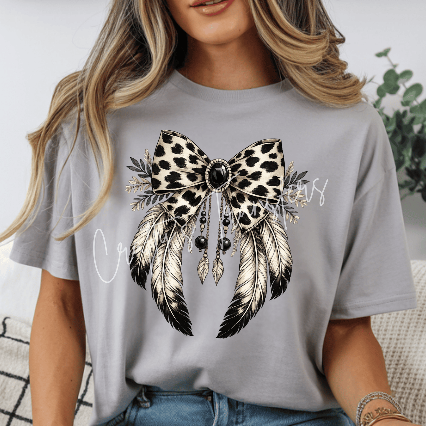 Boho Leopard Bow DTF Transfer | Western Feather Bow Graphic | Neutral Cowgirl Shirt Transfer