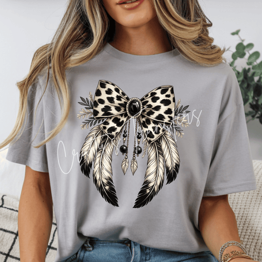 Boho Leopard Bow DTF Transfer | Western Feather Bow Graphic | Neutral Cowgirl Shirt Transfer