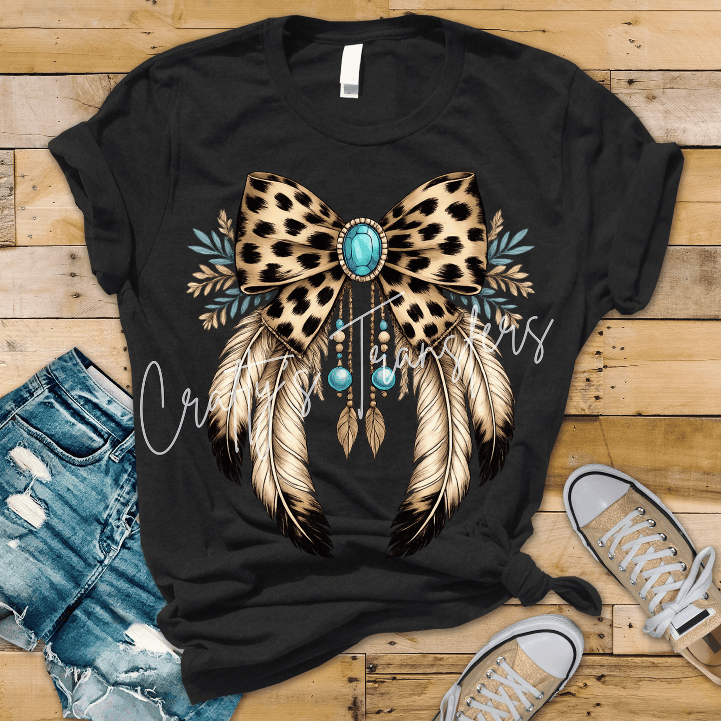 Boho Leopard Bow DTF Transfer | Western Feather Bow Graphic | Turquoise Cowgirl Shirt Transfer