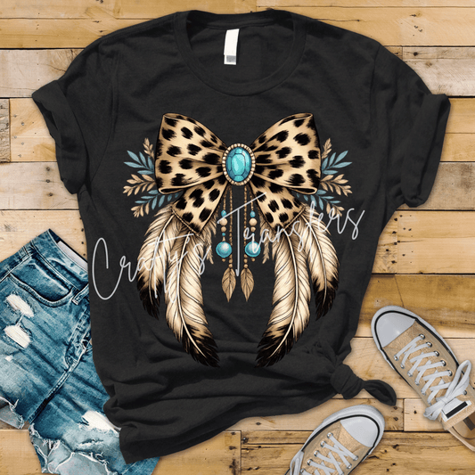 Boho Leopard Bow DTF Transfer | Western Feather Bow Graphic | Turquoise Cowgirl Shirt Transfer