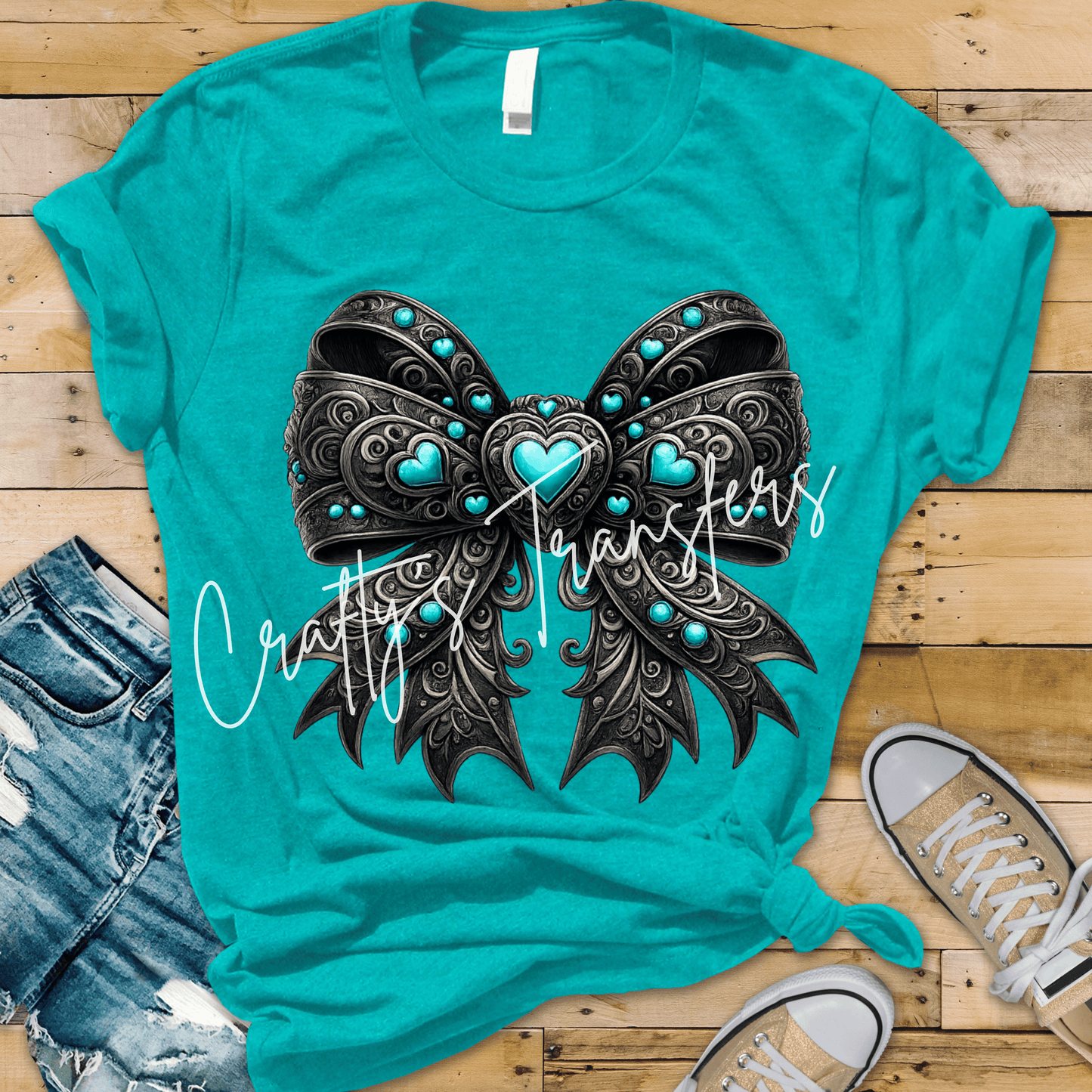 Western Tooled Bow DTF Transfer | Turquoise Heart Cowgirl Bow Graphic | Gothic Western Shirt Transfer