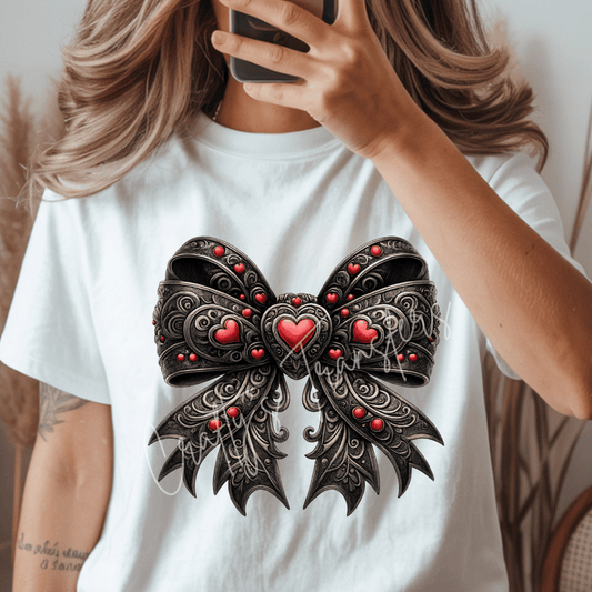 Western Tooled Bow DTF Transfer | Red Heart Cowgirl Bow Graphic | Gothic Western Shirt Transfer