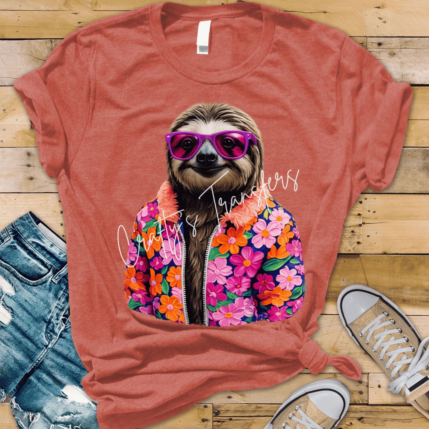 Funny Sloth DTF Transfer | Floral Sloth With Sunglasses Graphic | Cute Boutique Animal Shirt Transfer