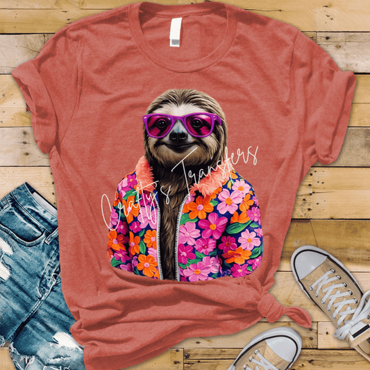 Funny Sloth DTF Transfer | Floral Sloth With Sunglasses Graphic | Cute Boutique Animal Shirt Transfer