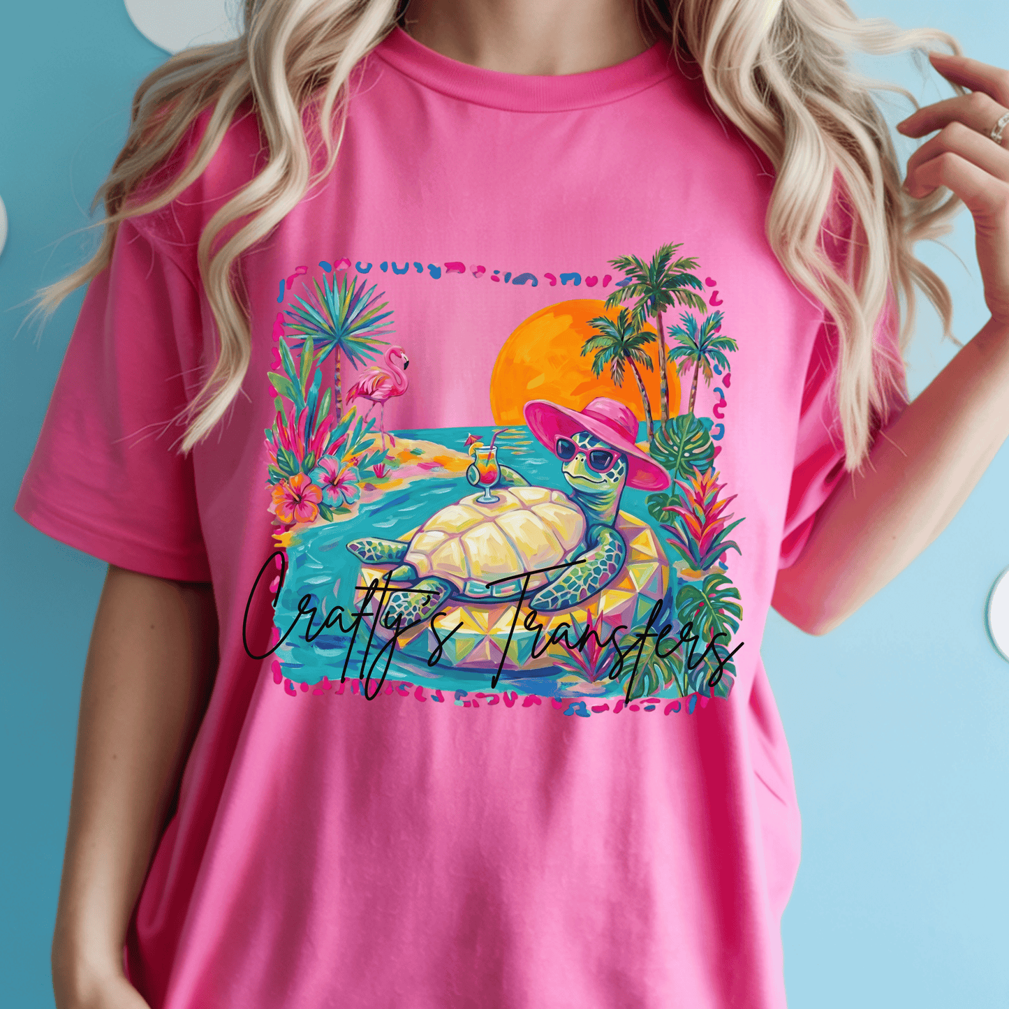 Preppy Beach Turtle DTF Transfer | Tropical Sea Turtle Summer Graphic | Coastal Boutique Shirt Design