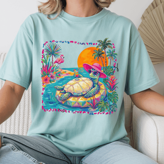 Preppy Beach Turtle DTF Transfer | Tropical Sea Turtle Summer Graphic | Coastal Boutique Shirt Design