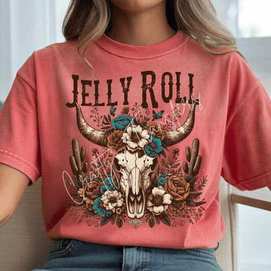 Jelly Roll Western Skull DTF Transfer | Floral Cow Skull Graphic Tee Transfer | Rustic Country Music Shirt Design