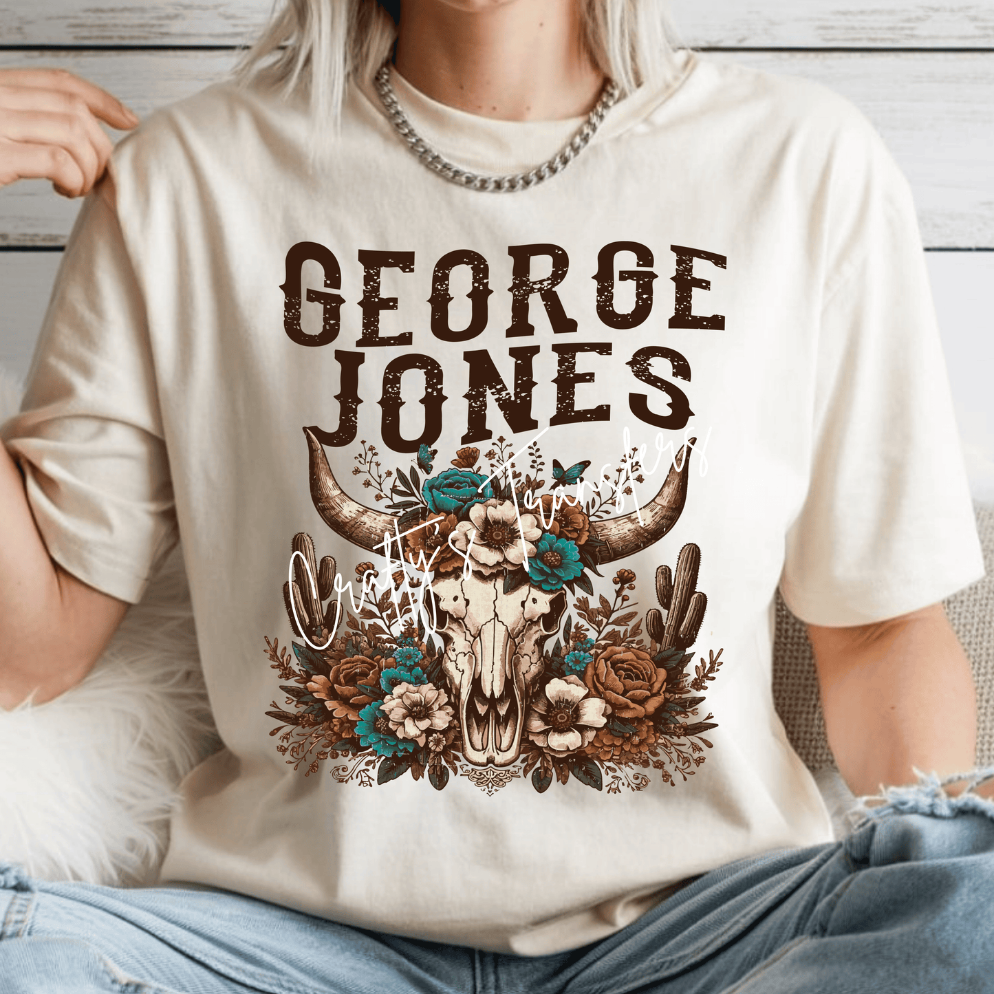 George Jones Western Skull DTF Transfer | Floral Cow Skull Graphic Tee Transfer | Rustic Country Music Shirt Design