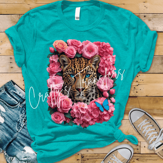 Leopard Floral DTF Transfer | Pink Flower Cheetah Graphic | Blue Eyed Leopard Boutique Shirt Transfer