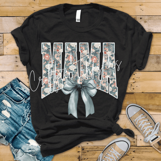 Mama Chinoiserie Floral DTF Transfer | Vintage Blue Floral Bow Mama Heat Transfer