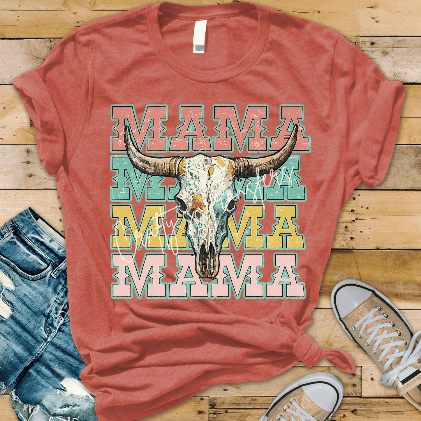 Western Mama Skull DTF Transfer | Retro Cow Skull Mama Graphic Tee Transfer | Turquoise Western Mother’s Day Shirt Design