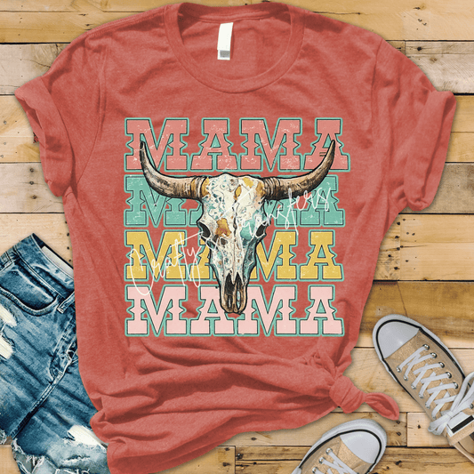 Western Mama Skull DTF Transfer | Retro Cow Skull Mama Graphic Tee Transfer | Turquoise Western Mother’s Day Shirt Design