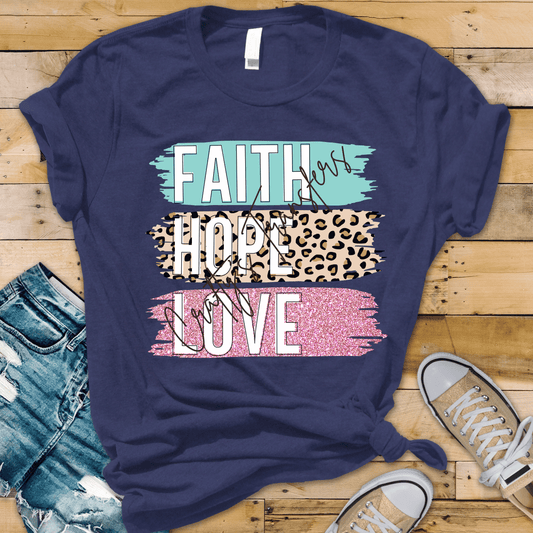 Faith Hope Love DTF Transfer | Christian Leopard Glitter Shirt Transfer | Inspirational Faith Graphic Tee Transfer