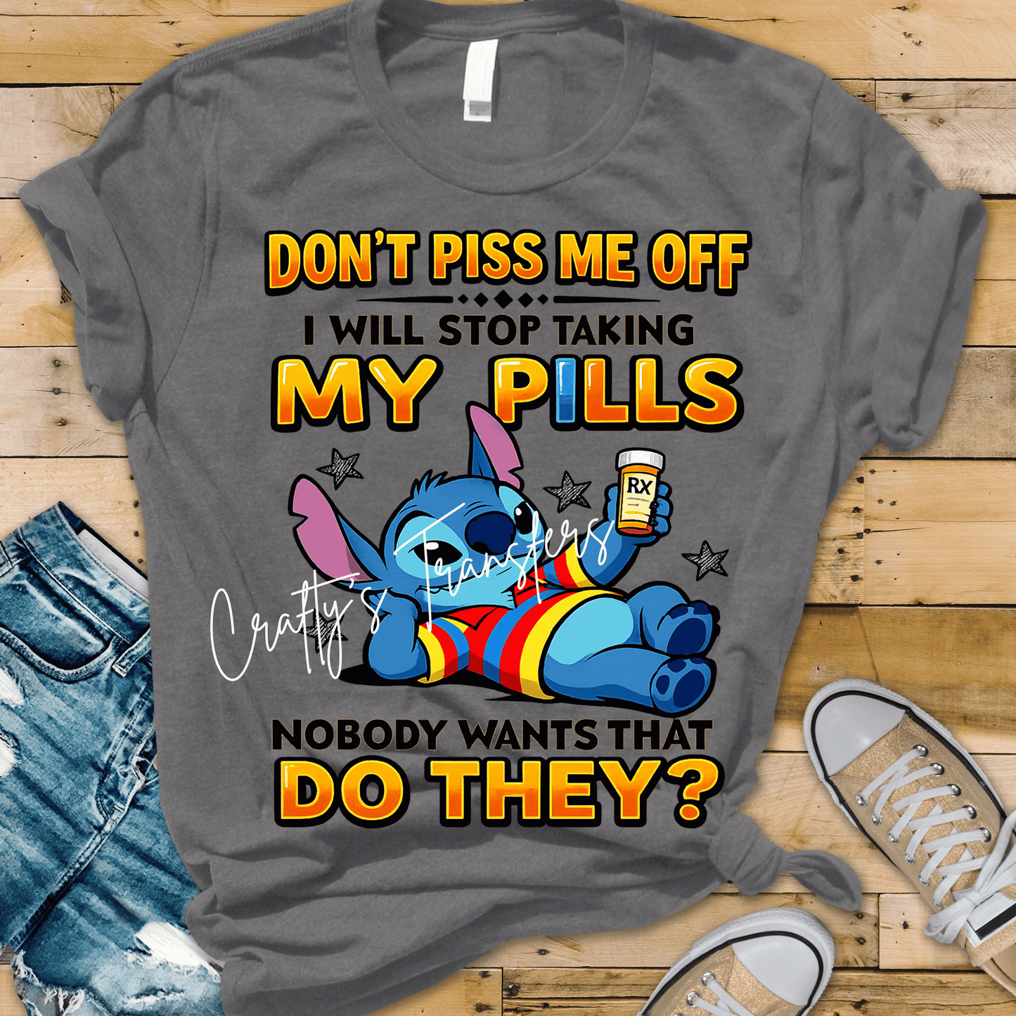 Funny Pills Blue Alien Cartoon DTF Transfer | Don’t Piss Me Off Graphic Transfer | Sarcastic Cartoon Shirt Design