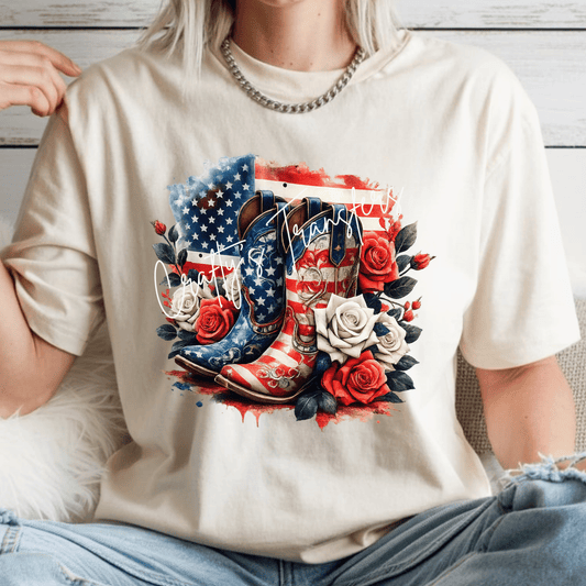 Patriotic Cowboy Boots DTF Transfer | American Flag Western Boot Graphic | Red White Blue Cowgirl Shirt Design