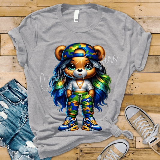 Urban Bear Girl DTF Transfer | Camo Streetwear Teddy Bear Graphic | Trendy Cartoon Hypebeast Shirt Design
