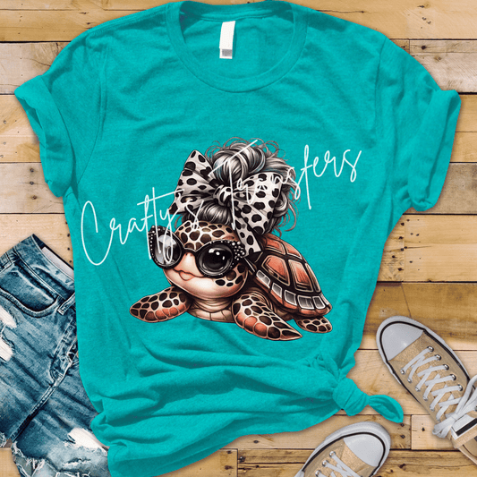Cute Turtle DTF Transfer | Leopard Print Turtle with Messy Bun & Sunglasses Graphic Tee Transfer | Trendy Sea Turtle Shirt Design