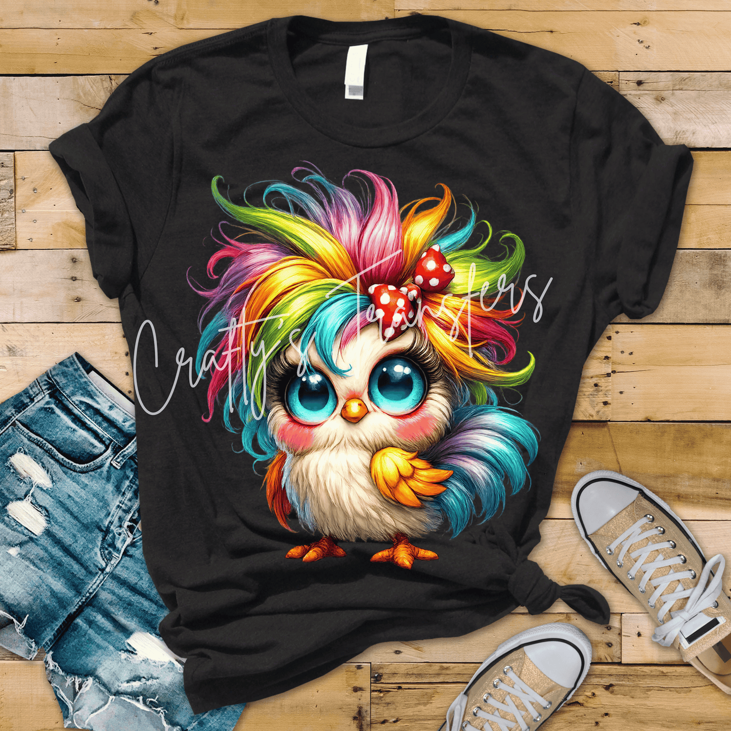 Cute Rainbow Chick DTF Transfer | Colorful Big Eye Chicken Graphic Tee Transfer | Whimsical Boutique Animal Shirt Design