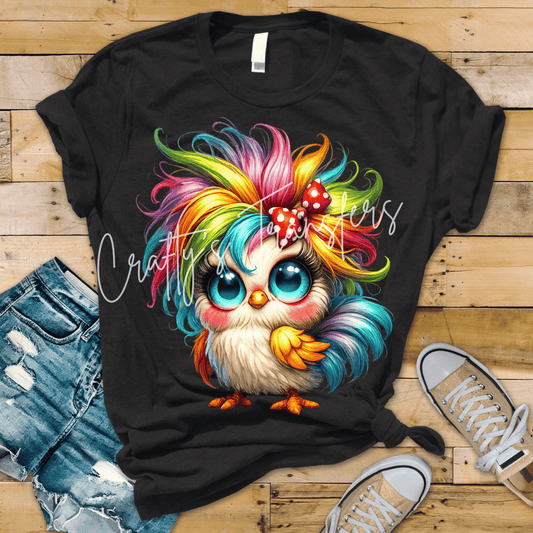 Cute Rainbow Chick DTF Transfer | Colorful Big Eye Chicken Graphic Tee Transfer | Whimsical Boutique Animal Shirt Design