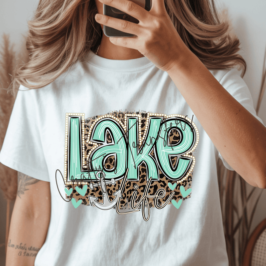 Lake Life DTF Transfer | Leopard Print Lake Graphic with Anchor & Turquoise Accents | Summer Vacation Shirt Transfer