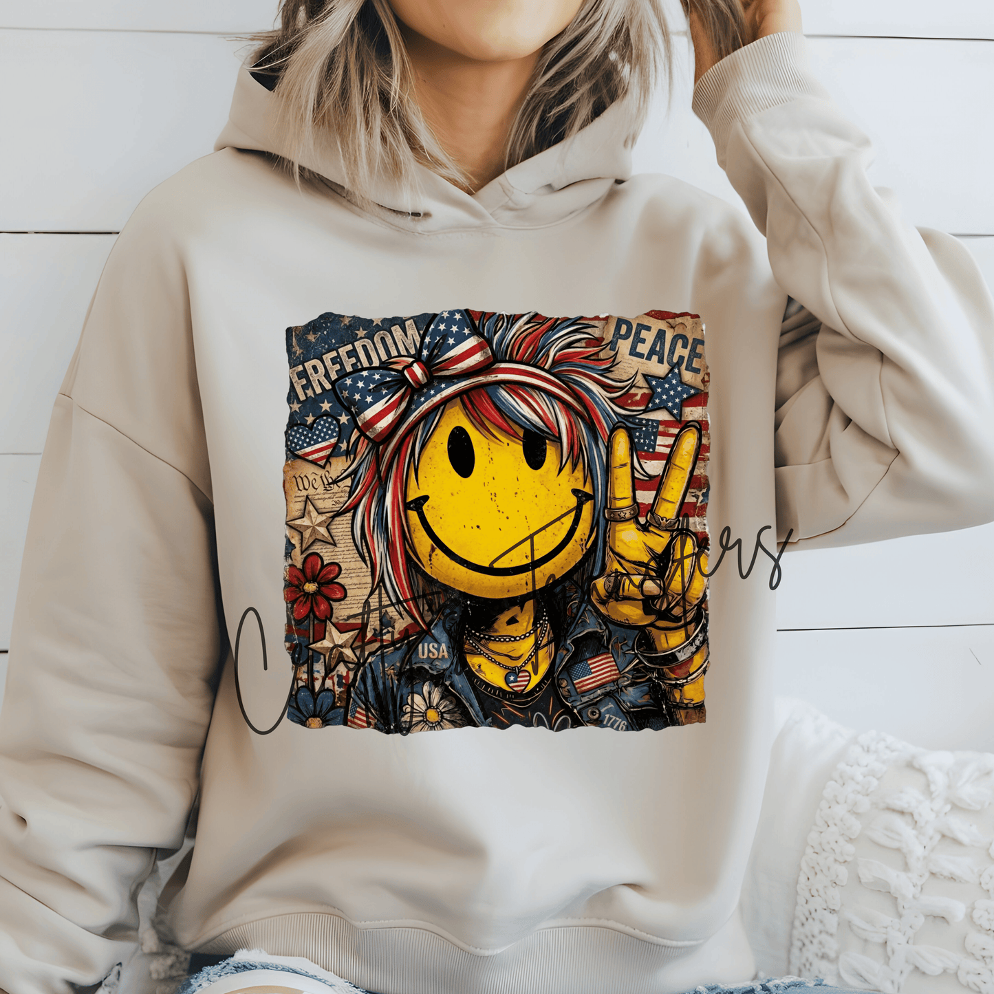 Patriotic Smiley Face DTF Transfer | Retro USA Peace Sign Graphic Tee Transfer | Fourth of July Vintage Americana Shirt Design
