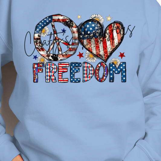 Peace Love Freedom DTF Transfer | Patriotic Peace Sign & Heart Graphic Tee Transfer | Retro Fourth of July Americana Shirt Design
