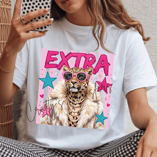 Extra Leopard Fashion DTF Transfer | Glam Leopard with Pink Sunglasses Graphic Tee Transfer | Trendy Boutique Diva Shirt Design