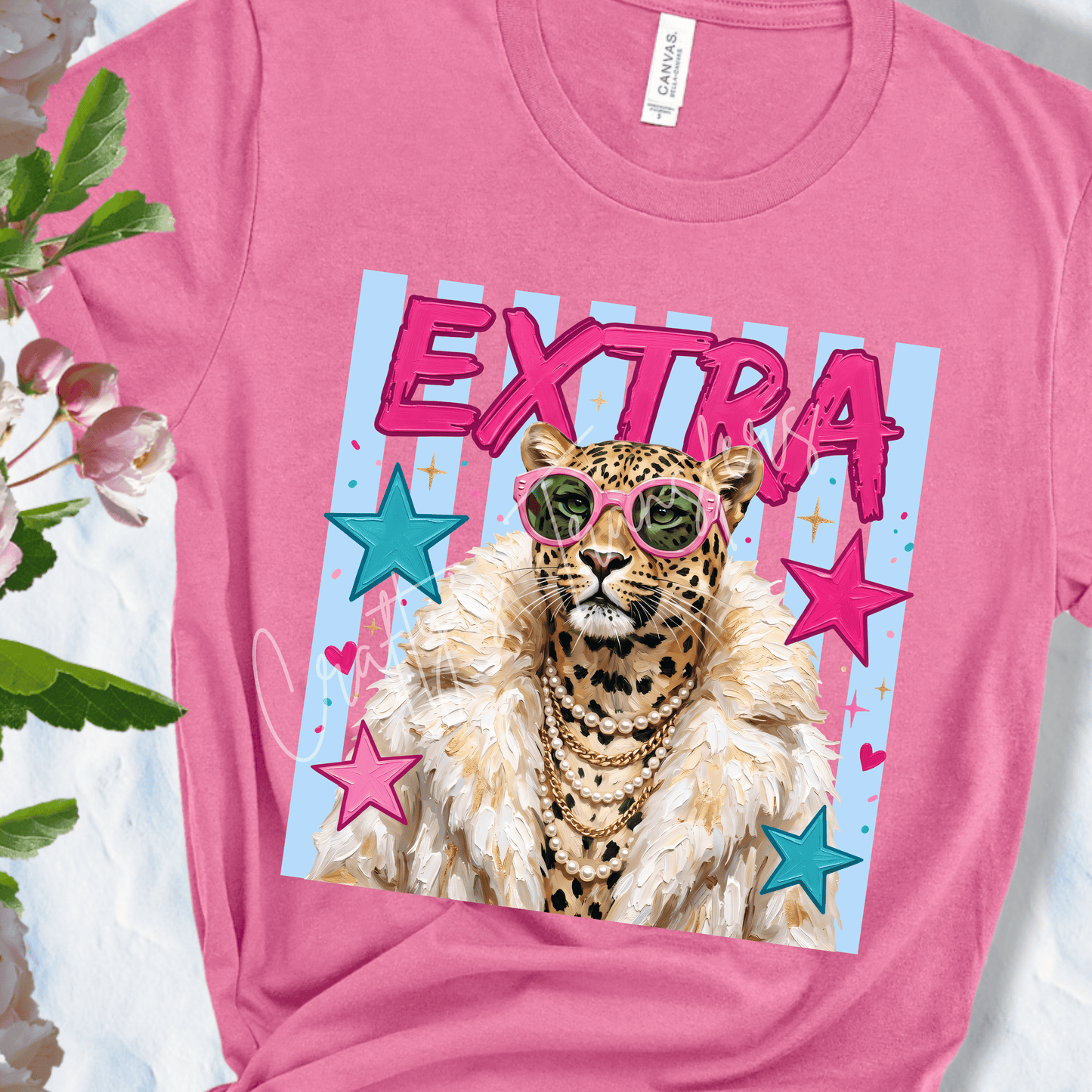 Extra Leopard Fashion DTF Transfer | Glam Leopard with Pink Sunglasses Graphic Tee Transfer | Trendy Boutique Diva Shirt Design