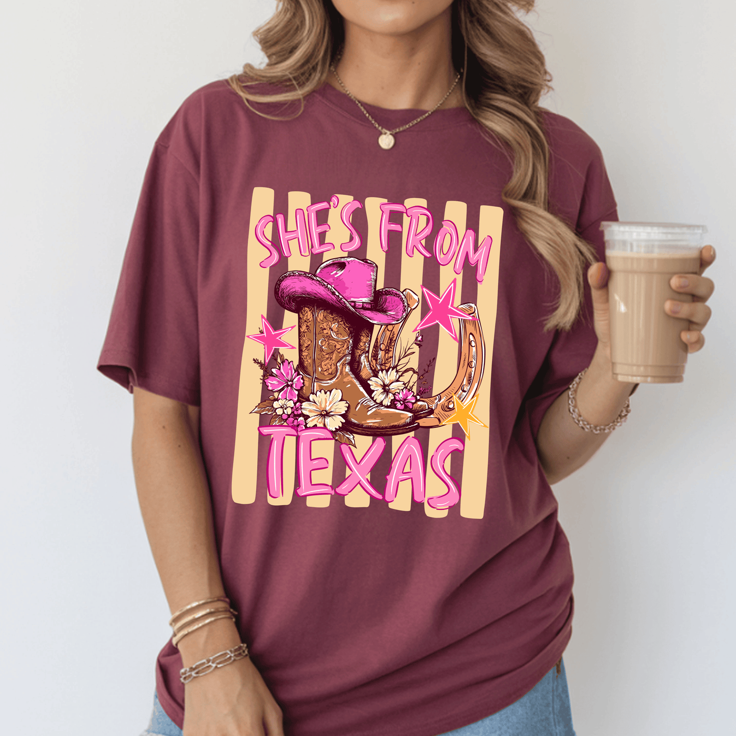She’s From Texas DTF Transfer | Pink Cowgirl Boots Western Graphic Transfer | Trendy Texas Country Shirt Design