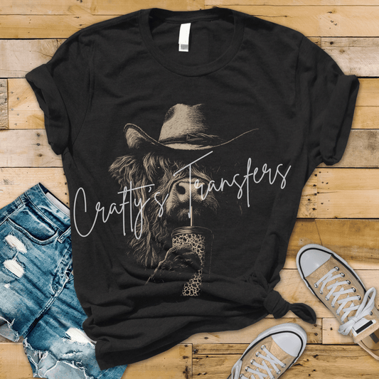 Cowboy Highland Cow DTF Transfer | Western Cow Drinking Tumbler Graphic | Rustic Country Boutique Shirt Design