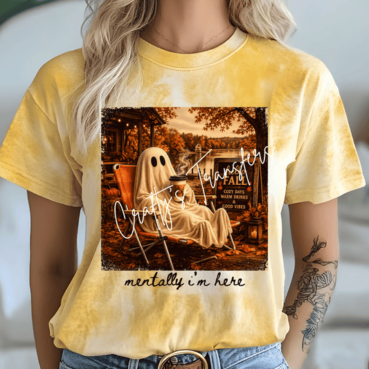 Cozy Ghost Fall DTF Transfer | Cute Autumn Ghost Coffee Graphic | Spooky Season Fall Shirt Transfer