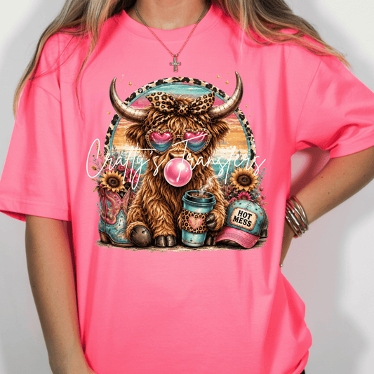 Hot Mess Highland Cow DTF Transfer | Funny Cowgirl Western Graphic | Retro Highland Cow Shirt Transfer