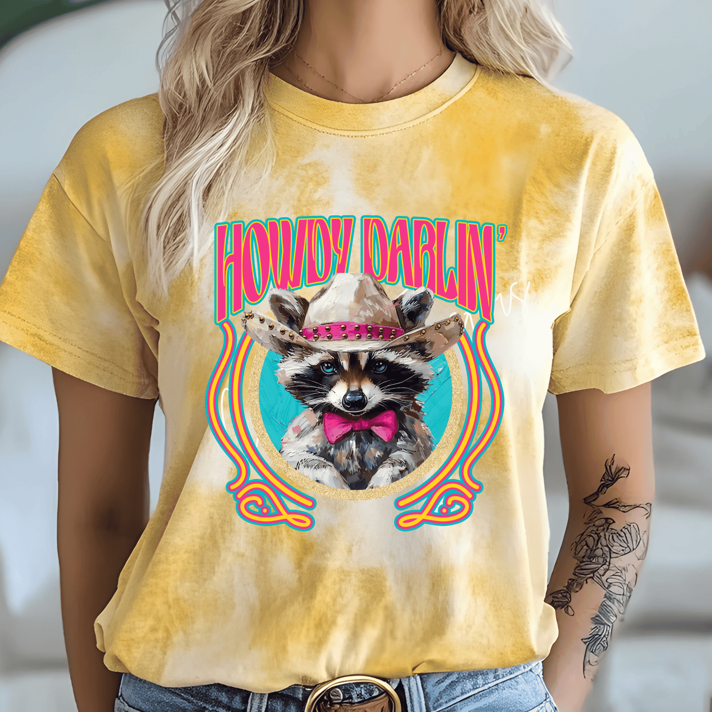 Howdy Darlin’ Raccoon DTF Transfer | Cute Western Cowgirl Raccoon Graphic Tee Transfer | Neon Country Boutique Shirt Design