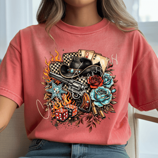 Western Cowgirl Poker DTF Transfer | Vintage Revolver & Roses Graphic Tee Transfer | Rustic Rodeo Western Shirt Design