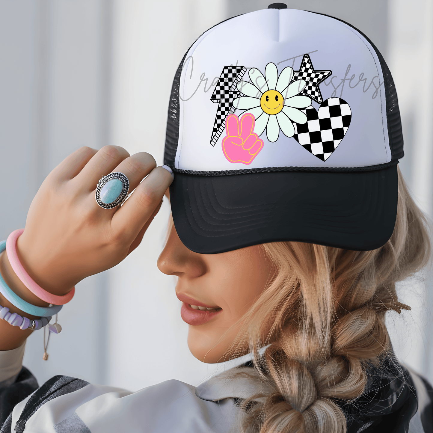 Retro Smiley Daisy DTF Transfer | Checkered Coquette Graphic Transfer | Cute Peace Sign Flower Shirt Design