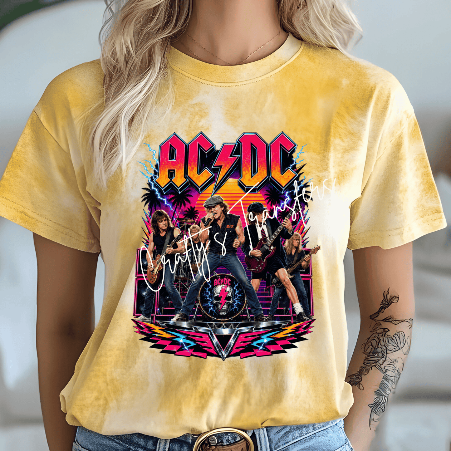 AC/DC Inspired Rock Band DTF Transfer | Retro Neon Rock Concert Graphic | Vintage Rock Music Shirt Transfer | 80s Style Music Fan Design