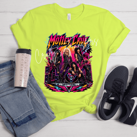 Motley Crue Inspired Retro Glam Rock Band DTF Transfer | Neon 80s Hair Metal Graphic | Vintage Rock Concert Shirt Transfer | Music Lover DTF Print