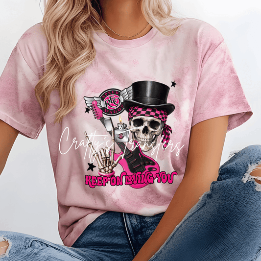 Retro Rock Inspired Skull Guitar DTF Transfer | Keep On Loving You Graphic Transfer | Pink Rock & Roll Shirt Transfer | Vintage Music Lover Design