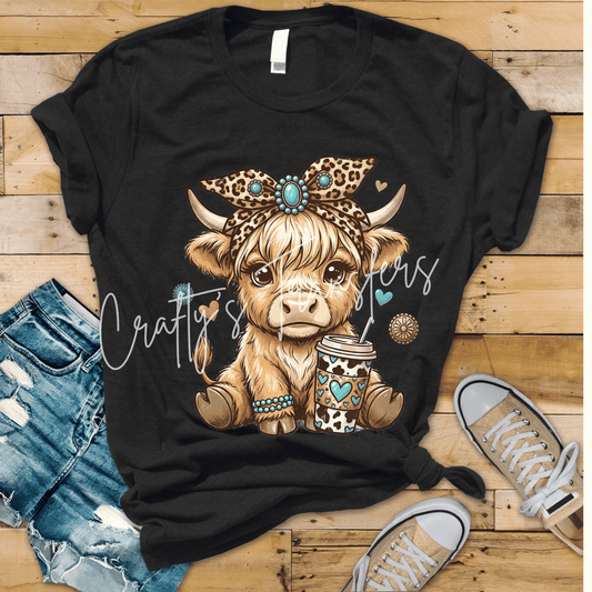 Cute Highland Cow Coffee Lover DTF Transfer | Turquoise Western Cow Graphic | Leopard Bow Cowgirl Shirt Design | Boutique Farmhouse Transfer