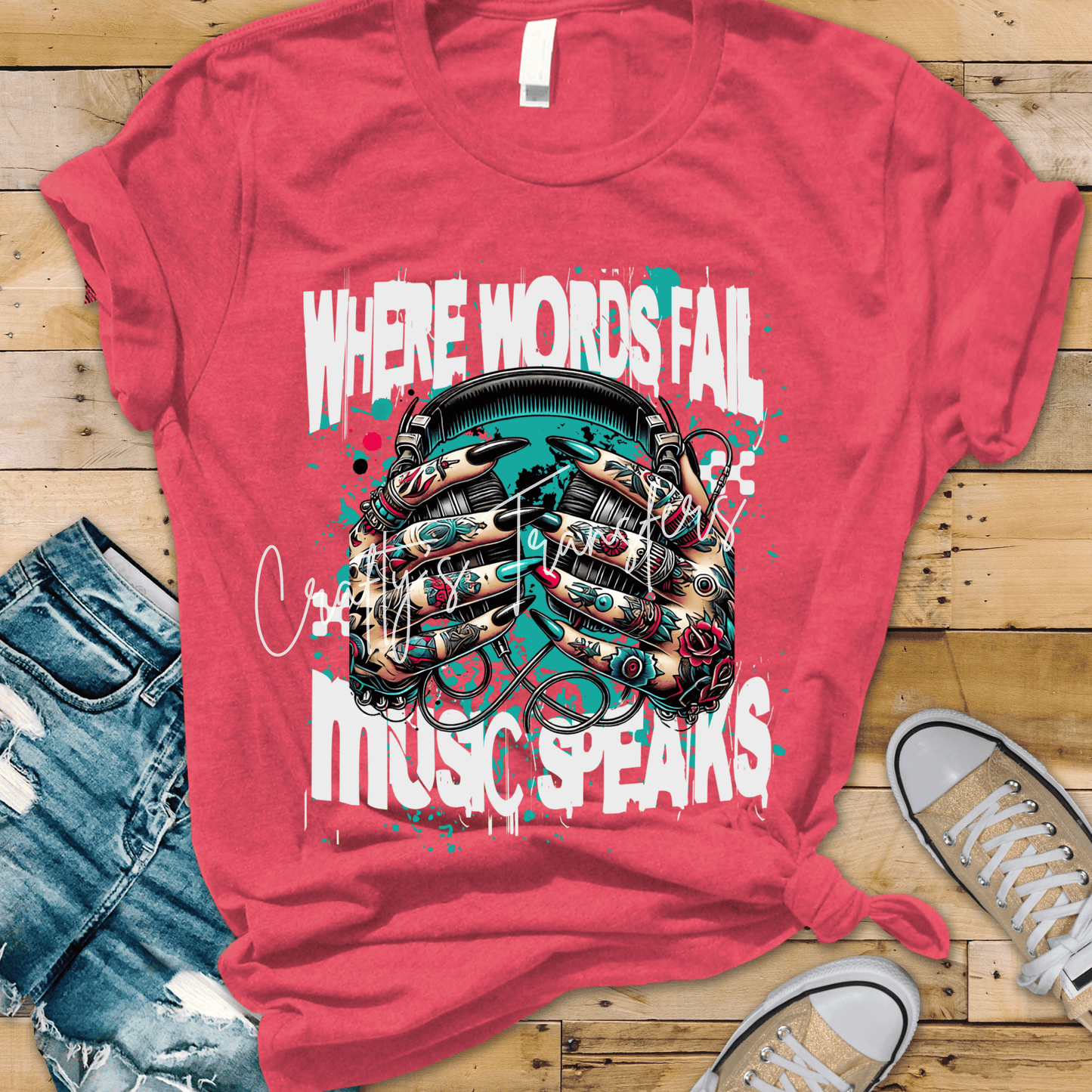 Tattooed Hands with Headphones DTF Transfer | Music Lover Shirt Transfer | DJ Tattoo Art Heat Transfer | Turquoise Grunge Graphic | Alternative Boutique Design