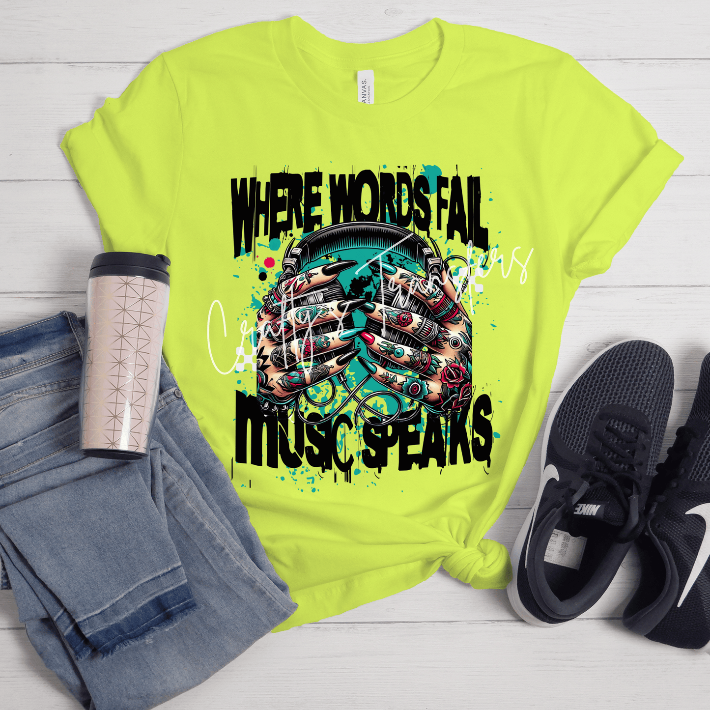 Tattooed Hands with Headphones DTF Transfer | Music Lover Shirt Transfer | DJ Tattoo Art Heat Transfer | Turquoise Grunge Graphic | Alternative Boutique Design