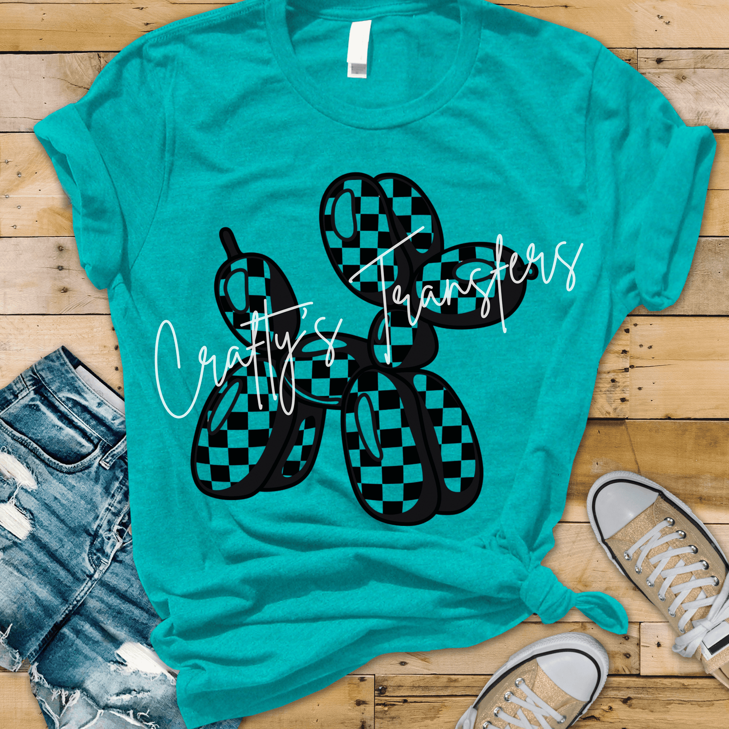 Black Checkerboard Balloon Dog DTF Transfer | Modern Balloon Animal Shirt Transfer | Trendy Boutique Heat Transfer | Minimalist Graphic Tee