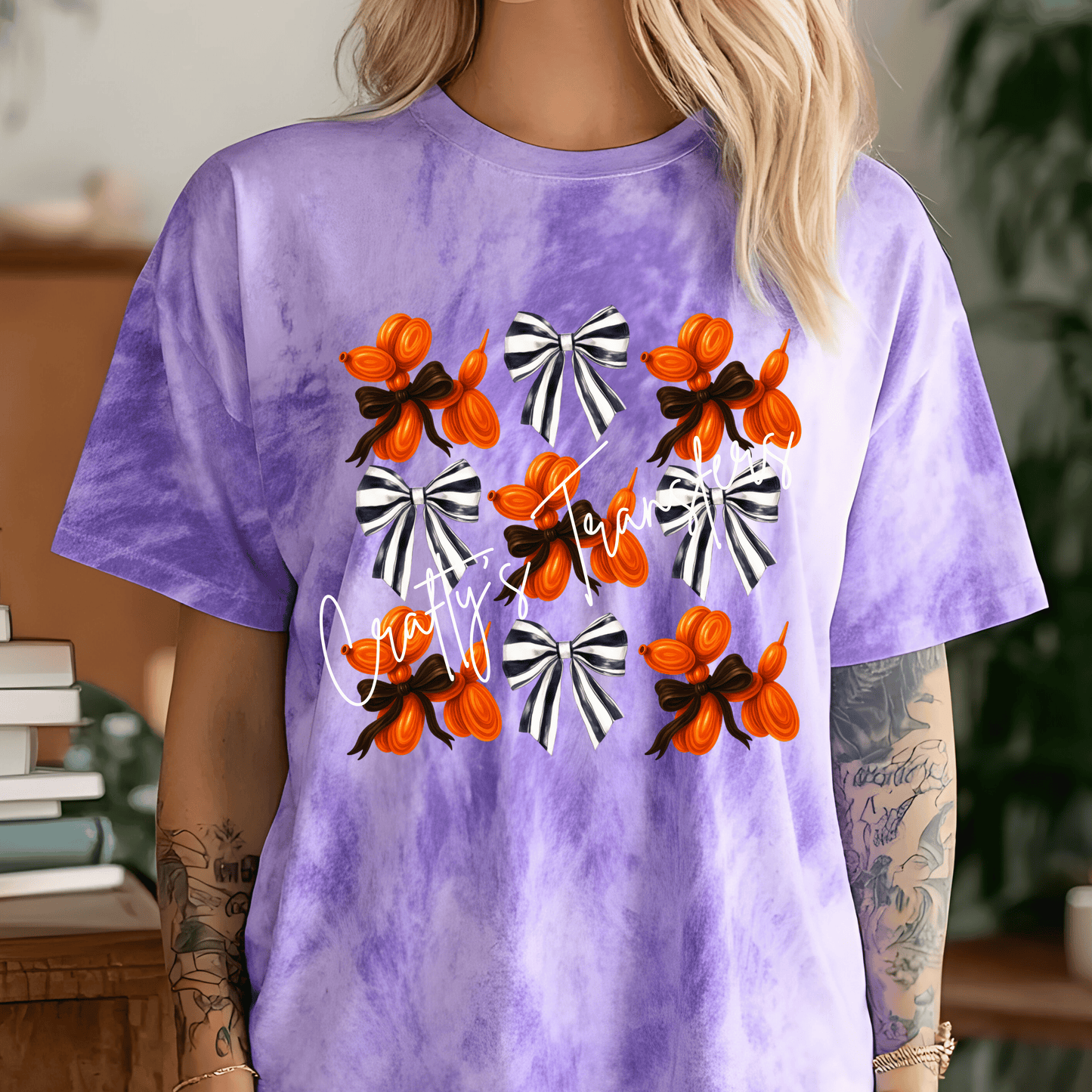 Halloween Balloon Dog Coquette DTF Transfer | Orange Balloon Dog & Black White Stripe Bow Graphic | Cute Spooky Fall Shirt Transfer