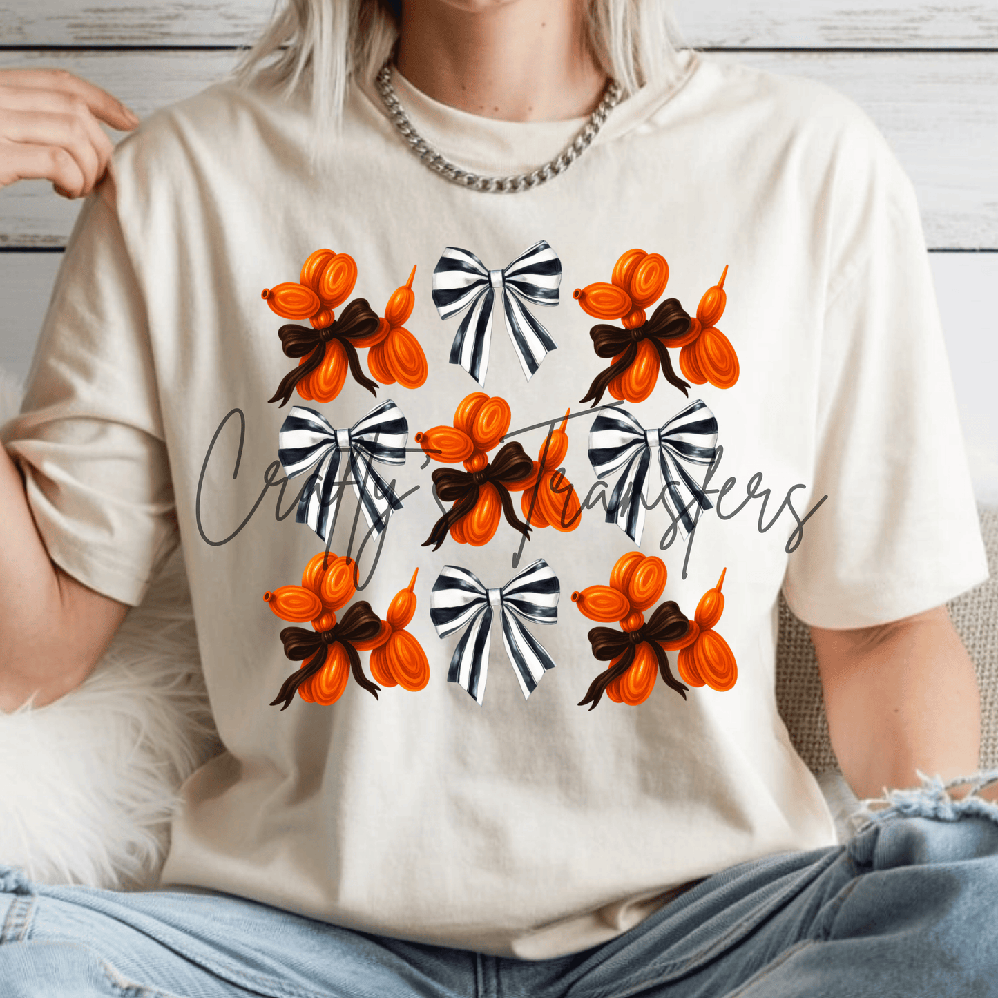 Halloween Balloon Dog Coquette DTF Transfer | Orange Balloon Dog & Black White Stripe Bow Graphic | Cute Spooky Fall Shirt Transfer
